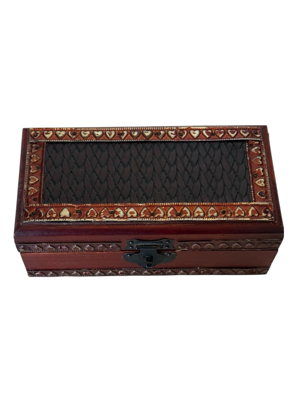 Handcrafted Brown Wood Jewelry Box with Woven Top